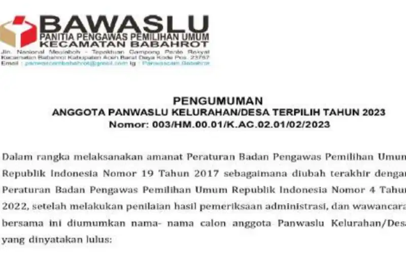 Panwascam Babahrot Umumkan PKD yang Lulus Seleksi, Berikut Daftar Namanya