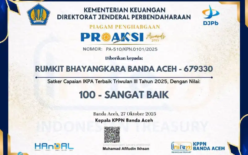 Rumkit Bhayangkara Polda Aceh Raih Tiga Penghargaan: BLU LPJ Tercepat serta Maturity Rating dan Capaian IKPA Terbaik